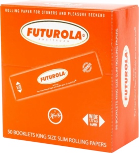 Descubre el Papel Futurola Orange King Size Slim, ultrafino y de combustión lenta, elaborado con materiales de alta calidad para una experiencia de fumado superior.