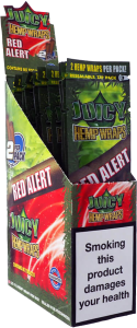 Adquiere la caja de Hemp Wraps Juicy Red Alert Original, que incluye 25 paquetes con 2 envolturas de cáñamo cada uno, ideales para ofrecer una experiencia de fumado natural y de alta calidad en clubes sociales de cannabis.