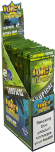 Adquiere la caja de Hemp Wraps Juicy Tropical, que incluye 25 paquetes con 2 envolturas de cáñamo cada uno, ideales para ofrecer una experiencia de fumado natural y de alta calidad en clubes sociales de cannabis.