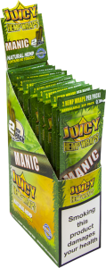 Adquiere la caja de Hemp Wraps Juicy Manic, que incluye 25 paquetes con 2 envolturas de cáñamo cada uno, ideales para ofrecer una experiencia de fumado natural y de alta calidad en clubes sociales de cannabis.