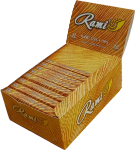 Adquiere la caja de papel de fumar Rami King Size con tips, que incluye 50 libritos de 32 hojas cada uno, ideales para ofrecer una experiencia de fumado de alta calidad en clubes sociales de cannabis.