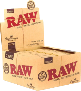 Adquiere la caja de papel de fumar RAW Classic Connoisseur King Size Slim con tips, que incluye 24 libritos de 32 hojas y 32 tips cada uno, ideales para ofrecer una experiencia de fumado natural y de alta calidad en clubes sociales de cannabis.