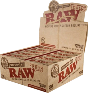 Adquiere la caja de filtros de papel RAW Wide Tips perforados, que incluye 50 libritos de 50 tips cada uno, ideales para ofrecer una experiencia de fumado natural y de alta calidad en clubes sociales de cannabis.