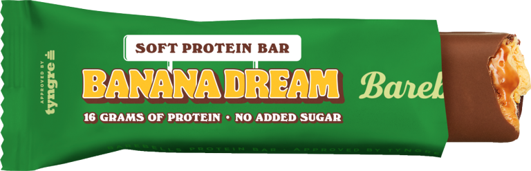 Disfruta de las barritas Barebells White Banana Dream: 16 g de proteína por unidad, sin azúcares añadidos y un sabor irresistible a plátano, caramelo y chocolate con leche. Pack de 12 unidades de 55 g.