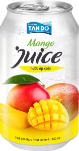Lata de zumo de mango Tando Juice 33cl con diseño tropical y fruta fresca en la etiqueta