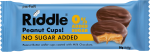 Caja de 15 unidades Riddle Peanut Cups sin azúcar añadido, snack crujiente de wafer con crema de cacahuete y cobertura de chocolate, ideal para clubes sociales de cannabis y consumidores cannábicos que buscan opciones 0% azúcar.