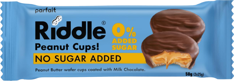 Caja de 15 unidades Riddle Peanut Cups sin azúcar añadido, snack crujiente de wafer con crema de cacahuete y cobertura de chocolate, ideal para clubes sociales de cannabis y consumidores cannábicos que buscan opciones 0% azúcar.
