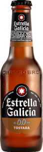 Cerveza sin alcohol Estrella Galicia 0,0 Tostada en botella cristal 25cl: sabor tostado pleno con maltas y lúpulos, aromas a galleta, caramelo y notas florales, ideal para consumo responsable en clubes sociales de cannabis. Color ámbar oscuro con espuma densa, refrescante y sin resaca.