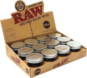 Frascos Mason RAW 10oz (295ml) pack 12u: vidrio templado con tapa hermética, perfectos para almacenamiento smell-proof de cannabis en clubes sociales. Conservan frescura, terpenos y aroma en porciones compactas para sesiones cannábicas.