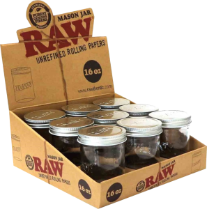 Frascos Mason RAW 16oz (473ml) pack 9u: vidrio templado con tapa metálica hermética, ideales para almacenamiento smell-proof de cannabis en clubes sociales. Preservan frescura, aroma y terpenos en sesiones cannábicas.