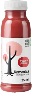 Zumo natural de fresa y plátano Romantics 250ml, smoothie prensado en frío sin pasteurizar, ideal para clubs sociales de cannabis como mixer refrescante y saludable en eventos cannábicos.