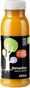 Zumo natural Romantics de naranja y mango 250ml, bebida cítrica fresca y vitaminada ideal para clubes sociales de cannabis.