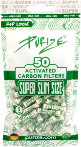 Filtros activados PURIZE Super Slim Size 5 mm pack 20x50 unidades ideal para porros y joint en clubes sociales de cannabis, filtración premium carbón activado coco.