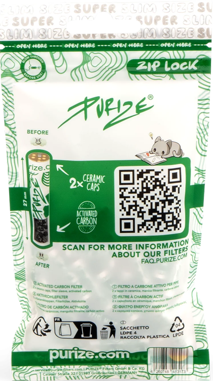 Filtros activados PURIZE Super Slim Size 5 mm pack 20x50 unidades ideal para porros y joint en clubes sociales de cannabis, filtración premium carbón activado coco.