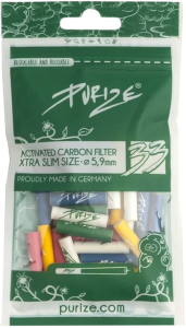 Filtros carbón activo PURIZE Xtra Slim Size 5.9 mm pack 20x33 (660 unidades) para porros finos en clubes sociales de cannabis, carbón de coco premium, experiencia suave y filtración óptima.