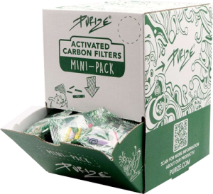 Filtros purize xtra slim size mini pack dispenser box para clubes sociales de cannabis.
