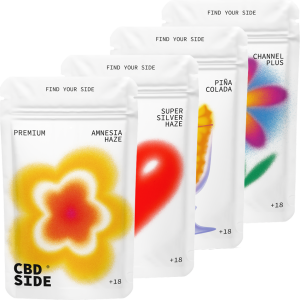 CBD Starter Pack Grande de CBDSIDE, pack inicial compacto con flores CBD premium, glasshouse y greenhouse, resinas, bubble buds, trim mix y material promocional