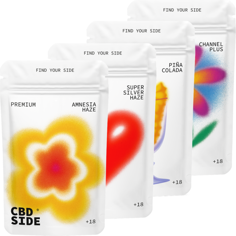 CBD Starter Pack Grande de CBDSIDE, pack inicial compacto con flores CBD premium, glasshouse y greenhouse, resinas, bubble buds, trim mix y material promocional