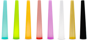 Conos acrílicos multicolores pack 250 uds con tapón del mismo color, tubos pre-roll herméticos transparentes/opacos en colores vibrantes (rojo, azul, verde, morado, naranja, amarillo) para almacenamiento seguro.
