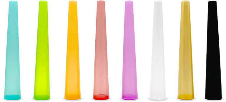 Conos acrílicos multicolores pack 250 uds con tapón del mismo color, tubos pre-roll herméticos transparentes/opacos en colores vibrantes (rojo, azul, verde, morado, naranja, amarillo) para almacenamiento seguro.