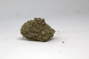 Primer plano de flor CBD Piña Colada con abundantes cristales de resina y pistilos claros, ideal para la categoría de flores premium de Green Gourmet.