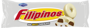 Pack expositor de 18 unidades de galletas Filipinos Blanco de 67g de Artiach, ideal para barras de Clubes Sociales de Cannabis y canal vending