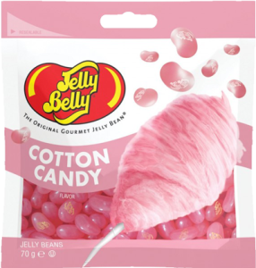 Primer plano de bolsas de 70g de Jelly Belly Cotton Candy, resaltando el color rosa pastel característico y el logotipo de Jelly Belly sobre fondo blanco.