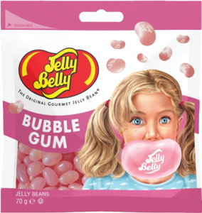 Pack de 12 bolsas rosas de Jelly Belly Bubble Gum de 70g dispuestas para exposición comercial, destacando el color vibrante y el sello de sabor original.