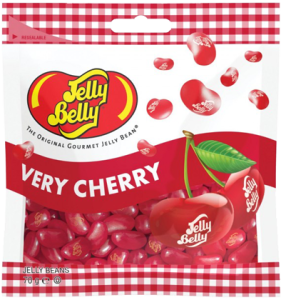 Imagen de producto de la bolsa Jelly Belly Very Cherry de 70g, mostrando las grajeas de color rojo brillante y el sello de sabor original "Very Cherry".