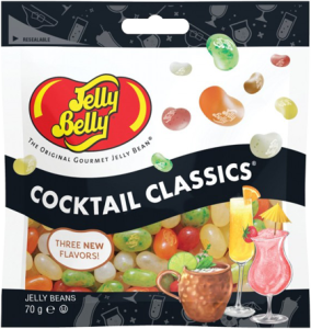 Bolsas de Jelly Belly Cocktail Mix de 70g sobre fondo limpio, destacando los sabores de cócteles clásicos y el logotipo de Jelly Belly.