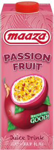 Pack de 8 envases de Maaza Passion Fruit de 33cl con diseño tropical, destacando la fruta de la pasión y el color amarillo vibrante del zumo.