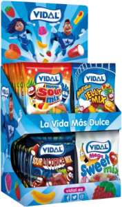 Expositor de cartón con bolsas de gominolas Vidal 90g para mostrador en Clubes Sociales de Cannabis y tiendas especializadas.