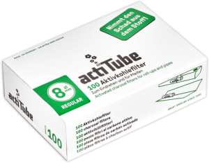 Caja de 100 unidades de filtros ActiTube carbón activo en tamaño Regular de 8 mm para liado clásico, expuesta en empaque oficial para e-commerce B2B.