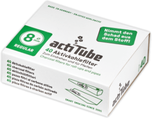 Cajita de 40 unidades de filtros ActiTube carbón activo tamaño Regular de 8 mm para liado clásico, accesorio de parafernalia premium para e-commerce B2B.