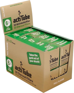 Caja expositora display de filtros ActiTube carbón activo formato Extra Slim de 6mm con 20 cajitas de 10 piezas para venta en mostrador de clubes cannábicos.