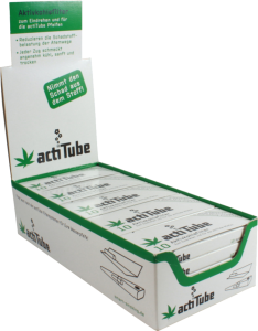 Caja expositora display de filtros ActiTube carbón activo en tamaño Regular de 8 mm con 25 cajitas de 10 piezas para mostradores de asociaciones y tiendas cannábicas.