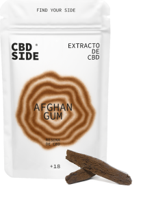 Envase retail de 1,5g de resina Afghan Gum CBD de Green Gourmet, textura oscura, brillante y elástica de calidad superior.