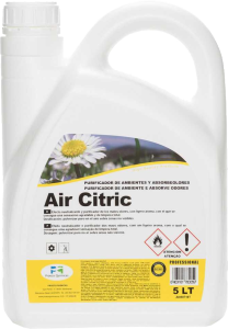 Garrafa industrial de 5 Litros de ambientador concentrado Air Citric con propiedades absorbe olores y fragancia cítrica para el mantenimiento higiénico de clubes cannábicos.