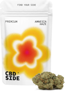 Bolsa retail de 2g de flores Amnesia CBD Premium de Green Gourmet, diseño colorido con cogollo denso de alta calidad indoor.
