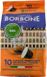 Pack de 10 cápsulas de café descafeinado Caffè Borbone Dek para la barra de servicio en un Club Social de Cannabis.