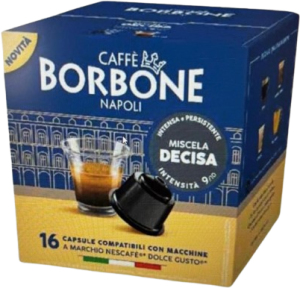 Envase de 16 cápsulas de café Caffè Borbone Decisa compatibles con Dolce Gusto para zonas de cafetería y descanso de CSC.