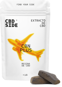 Envase retail de 1,25g de resina CBN PLUS de Green Gourmet, textura marrón ambarina y brillante de calidad técnica superior.
