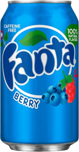 Pack de 12 latas de Fanta Berry (azul) de 355ml para distribución en Clubes Sociales de Cannabis y tiendas Gourmet.