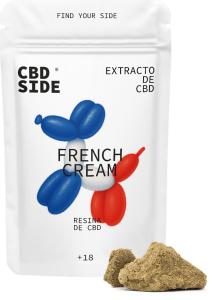 Envase retail de 1,5g de resina French Cream CBD de Green Gourmet, textura clara, cremosa y brillante de calidad gourmet.