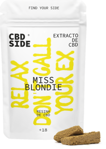 Envase retail de 1,25g de resina Miss Blondie CBD de Green Gourmet, color arena dorado y textura arenosa de alta pureza.