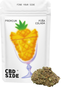 Bolsa retail de 2g de flores Piña Colada CBD Premium de Green Gourmet, cogollos compactos con abundantes tricomas y pistilos claros.