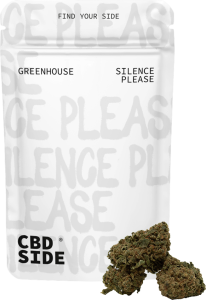 Bolsa retail de 3g de flores Silence Please CBD Greenhouse de Green Gourmet, diseño minimalista y cogollos compactos de alta calidad.
