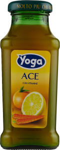 Pack de 24 botellas de zumo ACE Yoga de 20cl en envase de cristal para suministro de bares de CSC y hostelería.