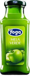 Pack de 24 botellas de zumo de manzana verde Yoga de 20cl en cristal para suministro de clubes y hostelería.