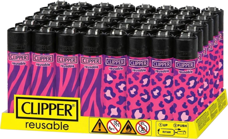 Bandeja de 48 mecheros Clipper con diseño Monkey animal print y gas isobutano pre-cargado